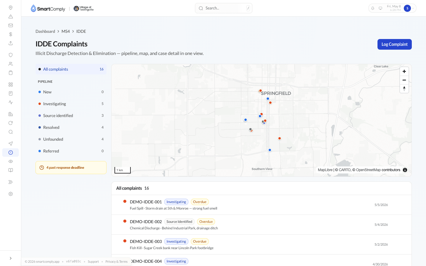 SmartComply — We designed and built SmartComply — the system of record that runs a town’s entire stormwater permit program from day one.