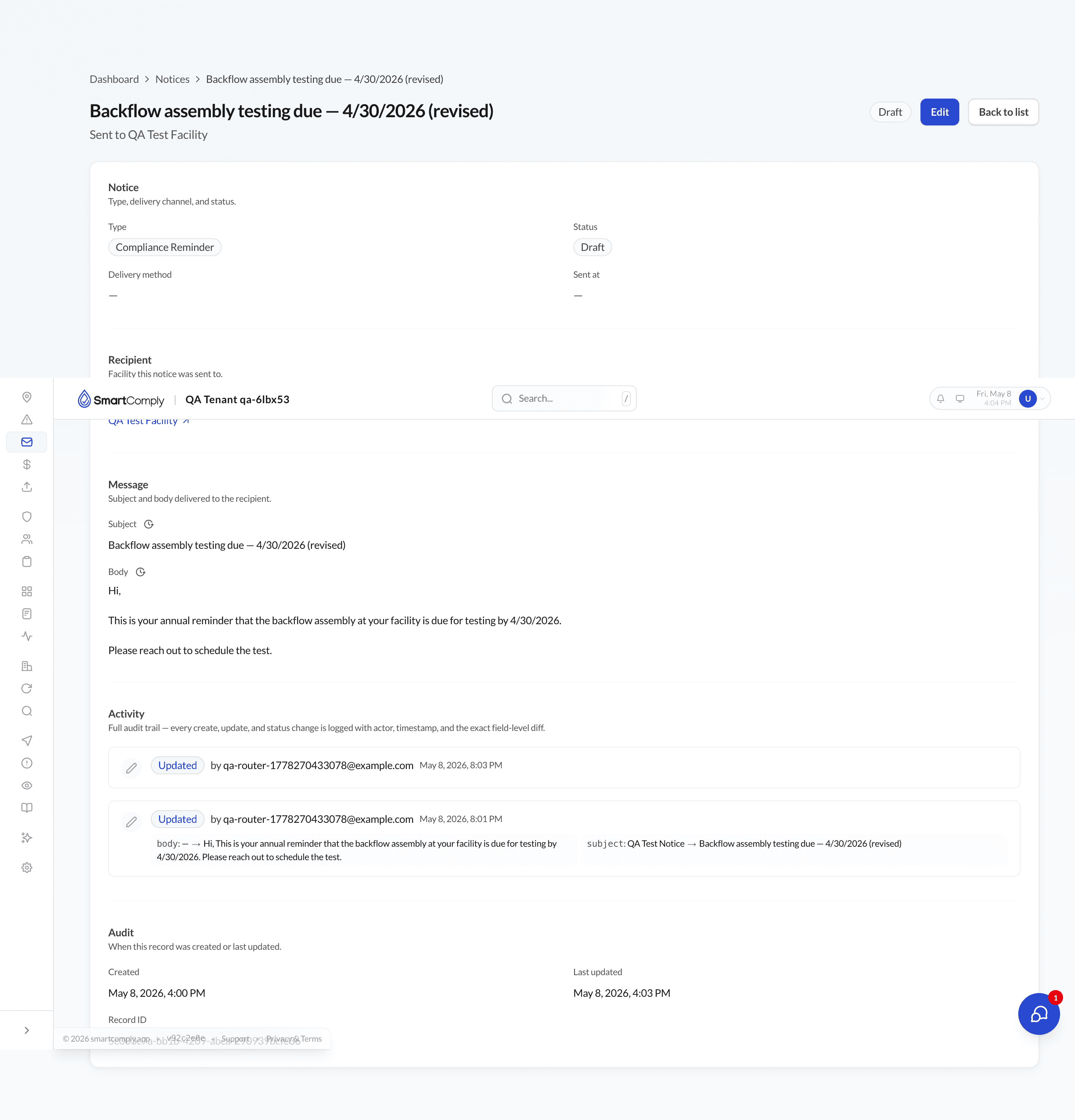 Activity timeline for a record